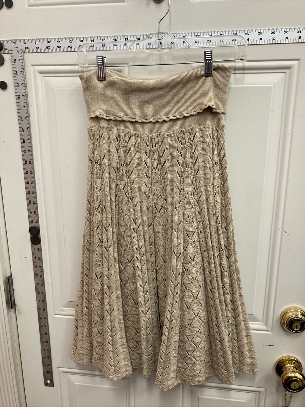 Moth, Beige, Knit, Flared Midi Circle Skirt - Neutral Foldover Waist
